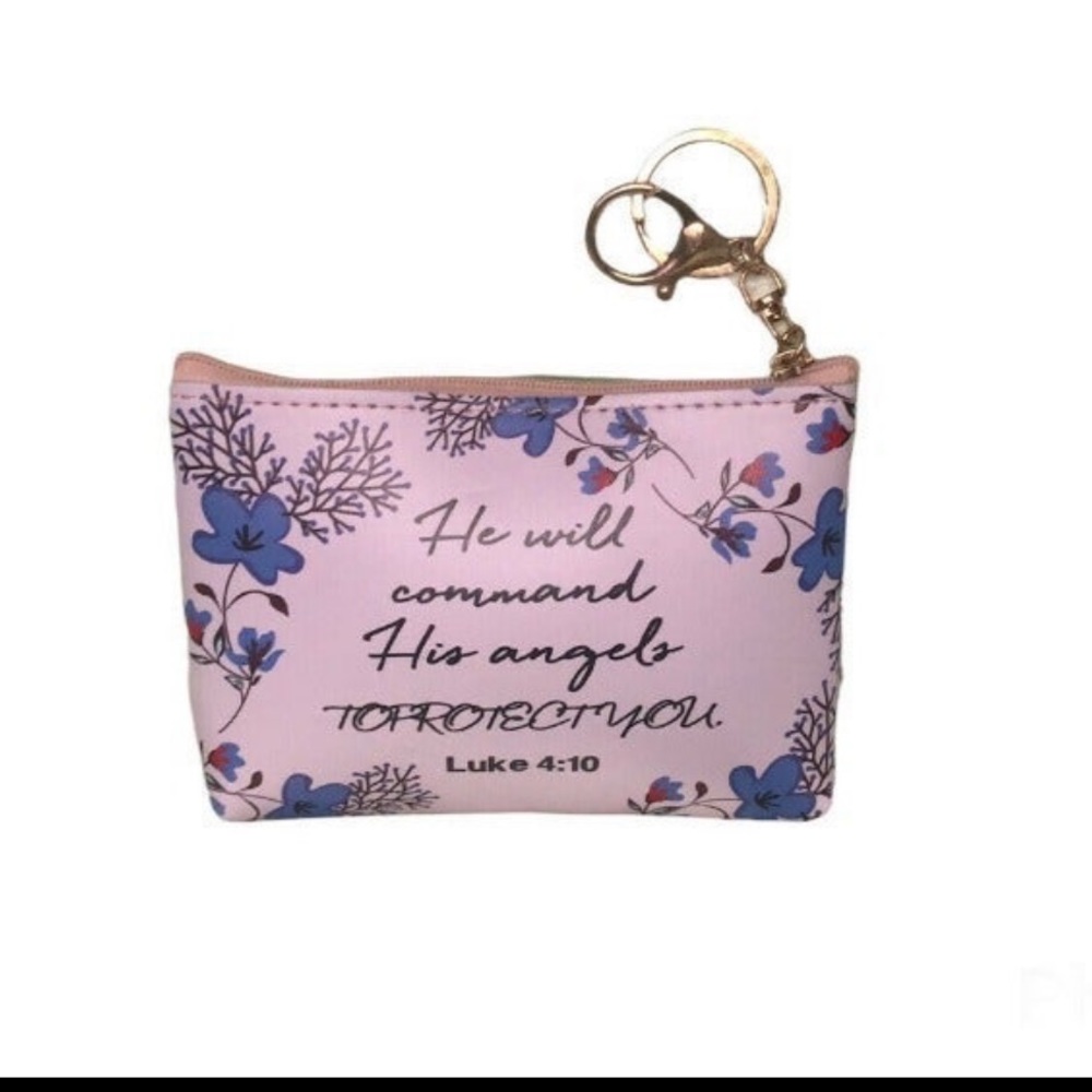 Bible Verse Religious Coin Purse Ladies’ Wallet Zipper Closure Keyring Purplish